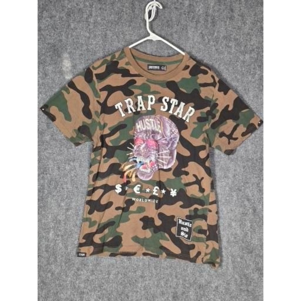 Trap Star Skull Hustle Contender Mens Large Camo Graphic T Shirt Worldwide Print